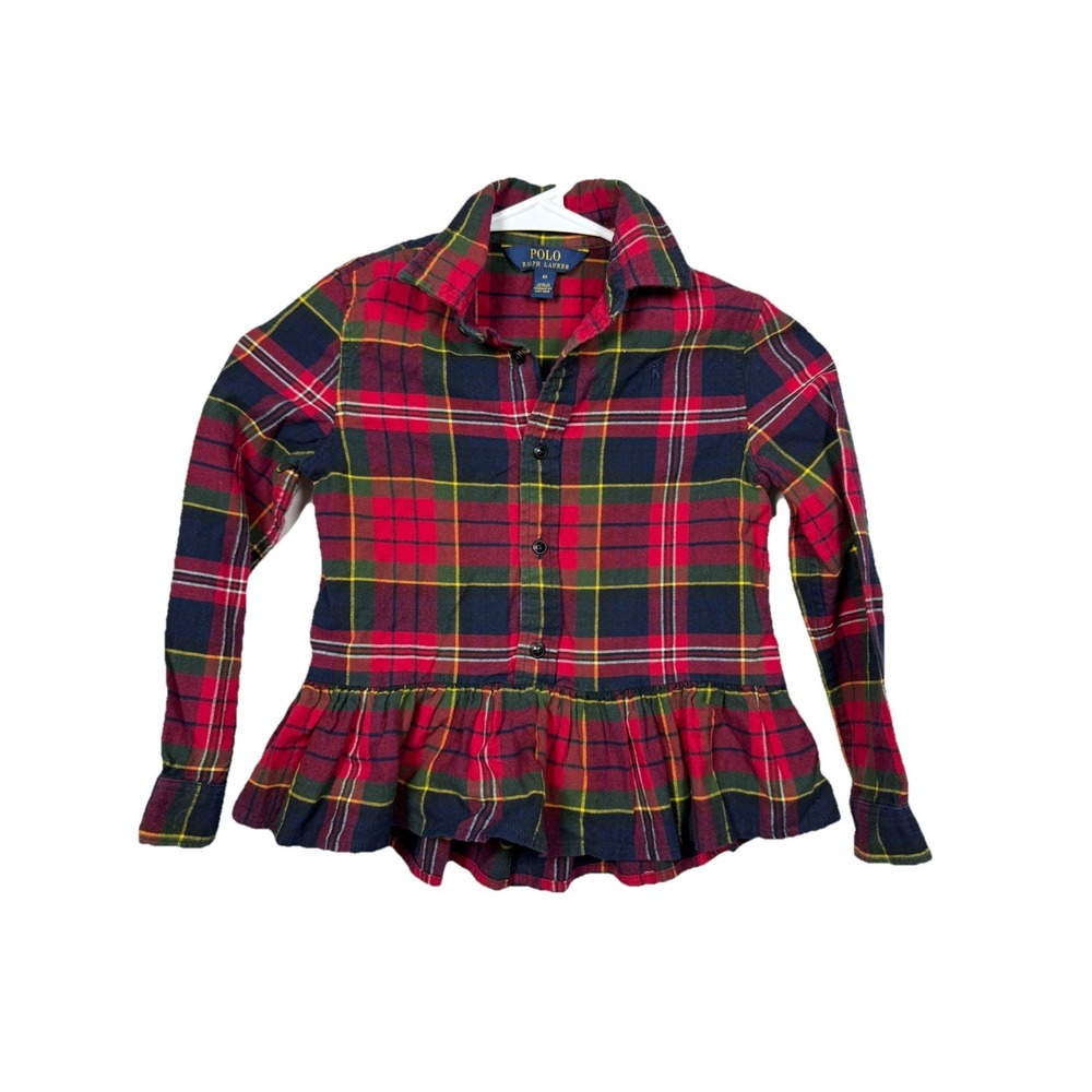 Polo Ralph Lauren‎ Girls 6X Plaid Peplum Shirt Red Navy Tartan Button Front